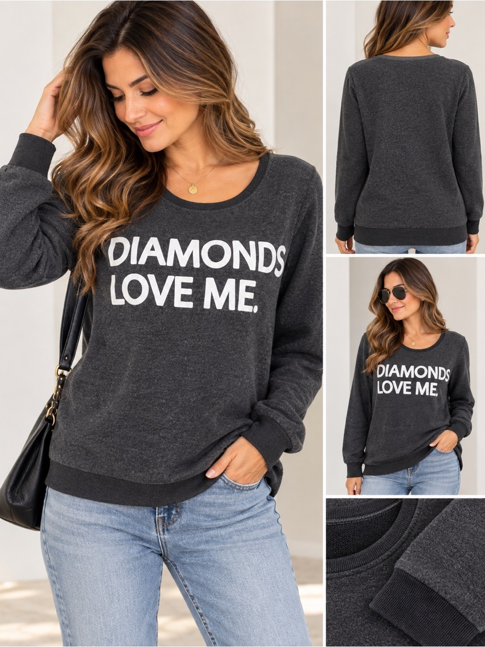 Chaser “Diamonds Love Me” Charcoal Gray Long Sleeve Sweatshirt